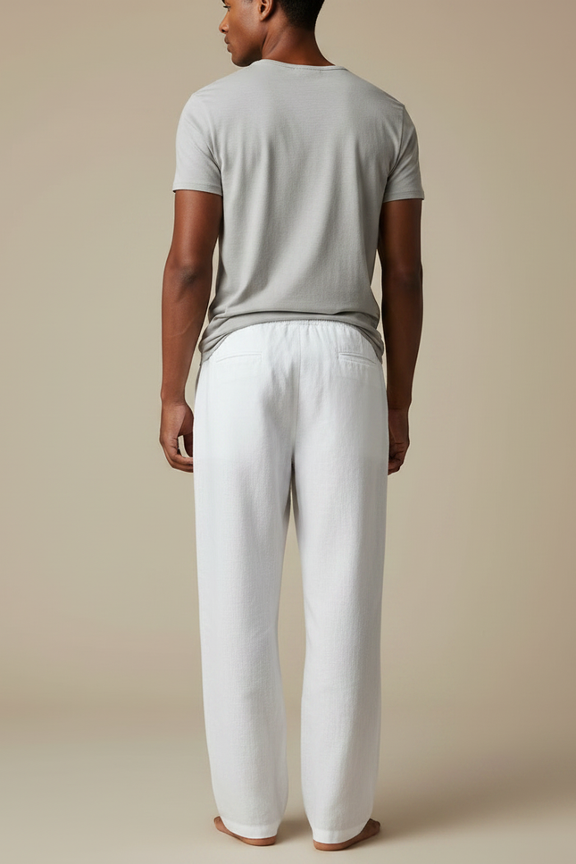 Pantalon Fluide Lin Blanc Décontracté Ample Cordon Homme - vue 2