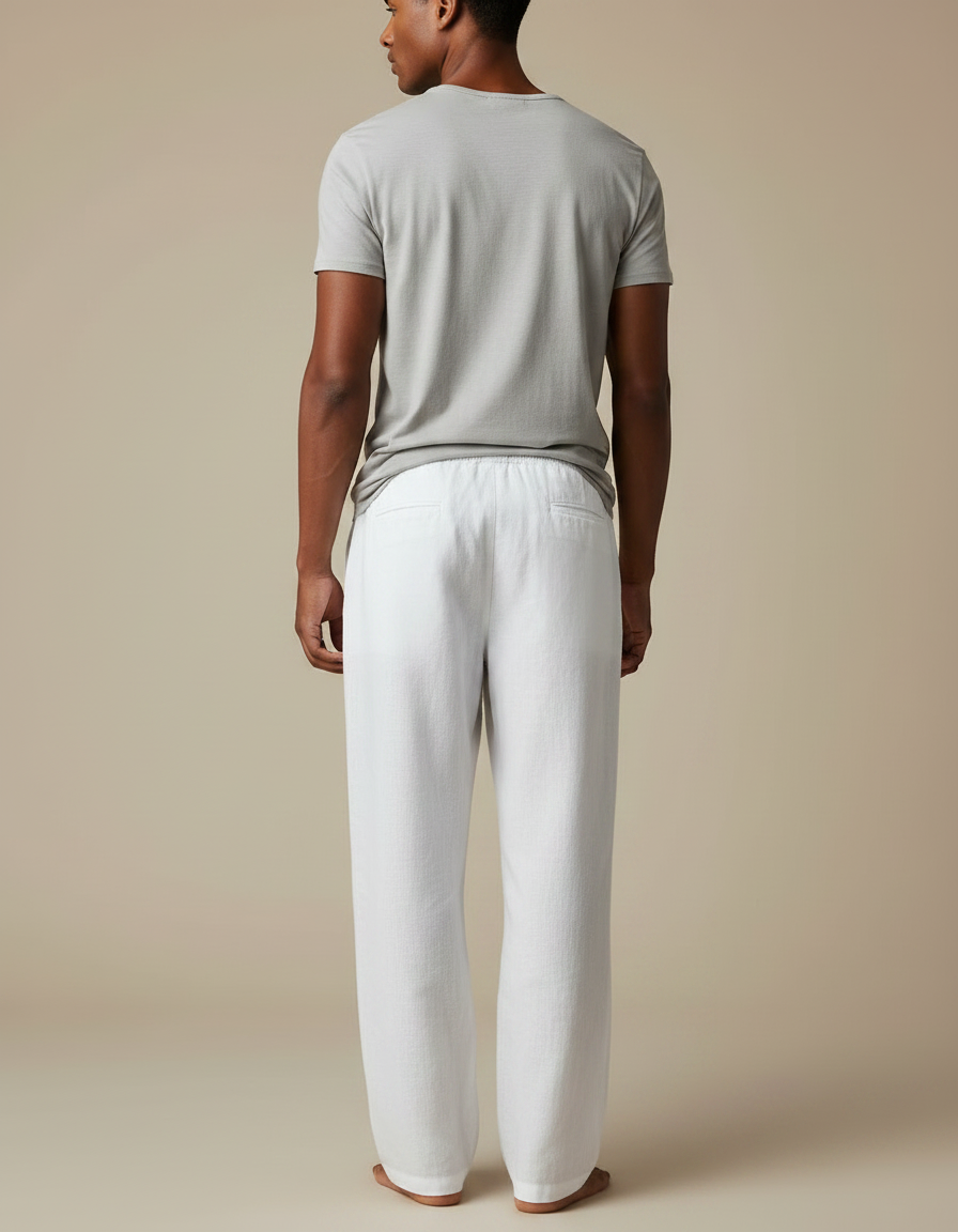 Pantalon Fluide Lin Blanc Décontracté Ample Cordon Homme - vue 2