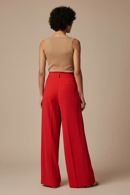 Pantalon Fluide Rouge Ample Plissé Taille Haute Élégant - Polyester - vue 2