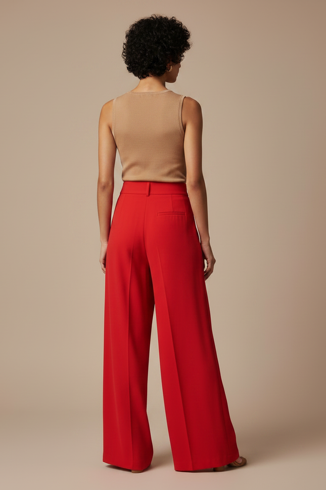 Pantalon Fluide Rouge Ample Plissé Taille Haute Élégant - Polyester - vue 2