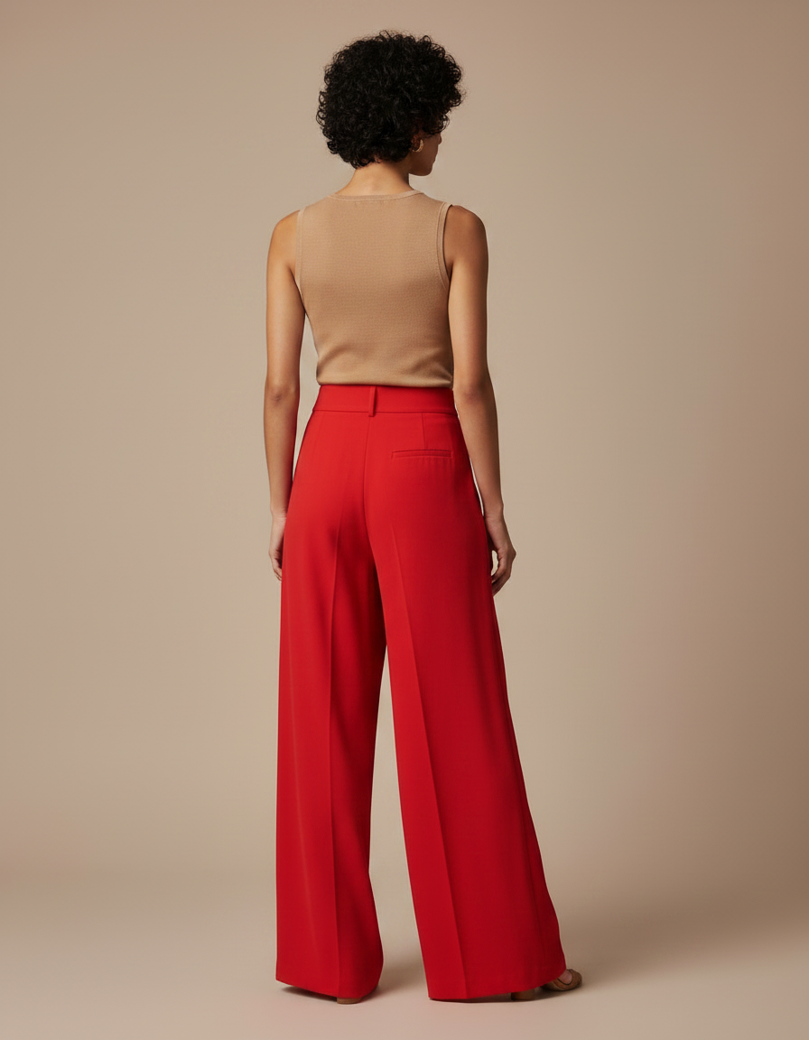 Pantalon Fluide Rouge Ample Plissé Taille Haute Élégant - Polyester - vue 2