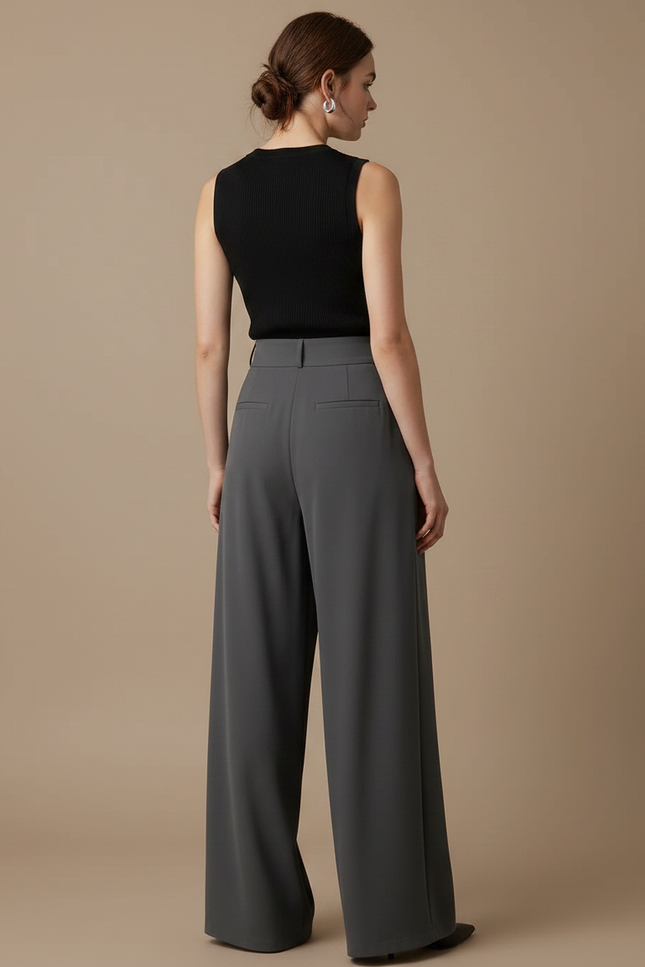 Pantalon Fluide Gris Ample Plissé Chic Élégant - Polyester - vue 2
