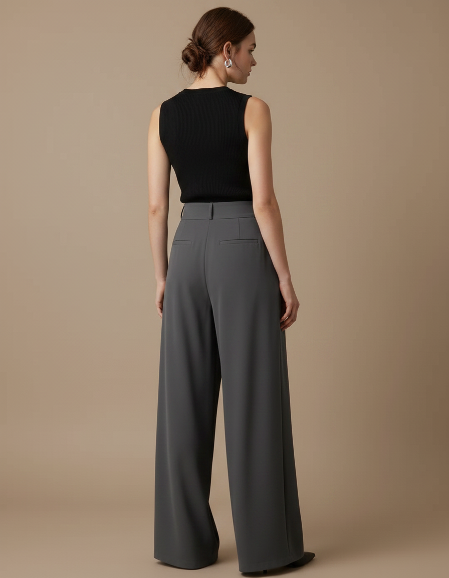 Pantalon Fluide Gris Ample Plissé Chic Élégant - Polyester - vue 2