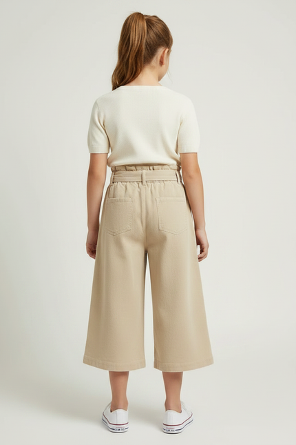 Pantalon Fluide Beige Coton Ample Ceinturé Fille - Toile - vue 2