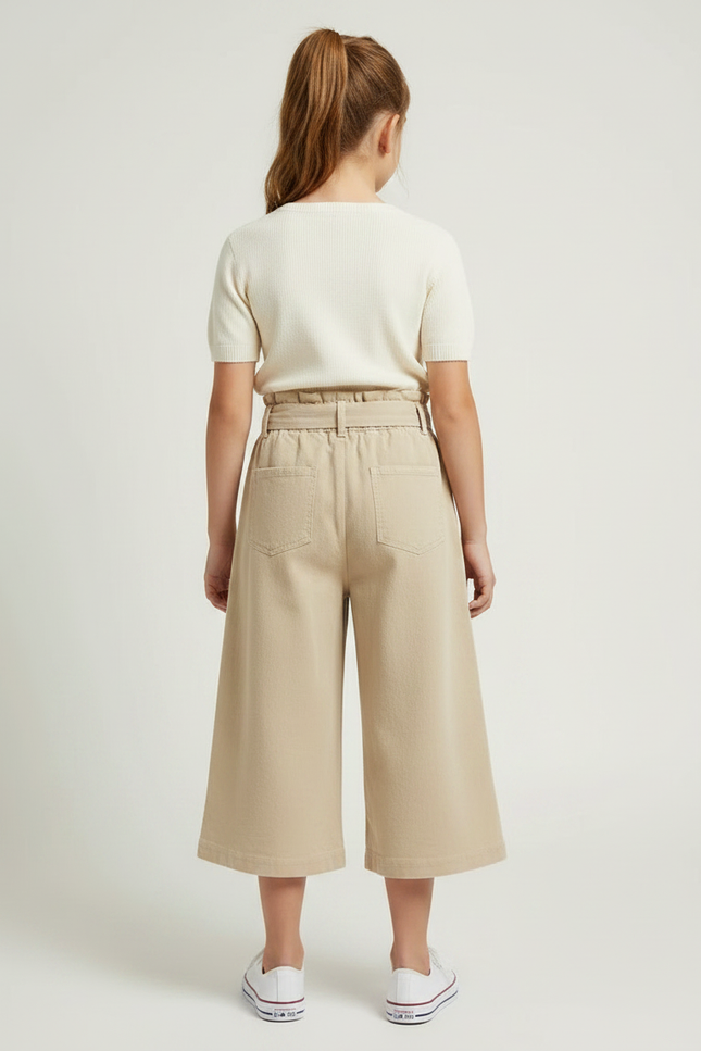 Pantalon Fluide Beige Coton Ample Ceinturé Fille - Toile - vue 2