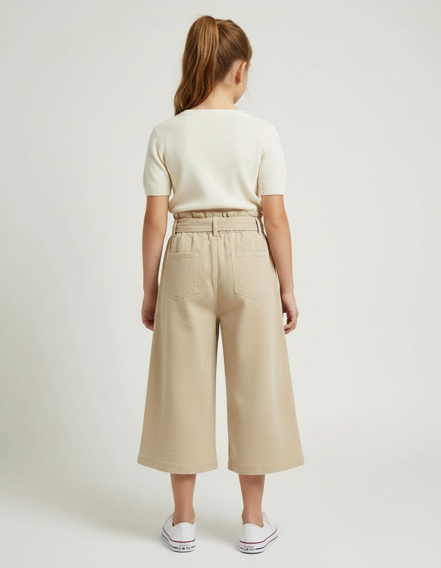 Pantalon Fluide Beige Coton Ample Ceinturé Fille - Toile - vue 2
