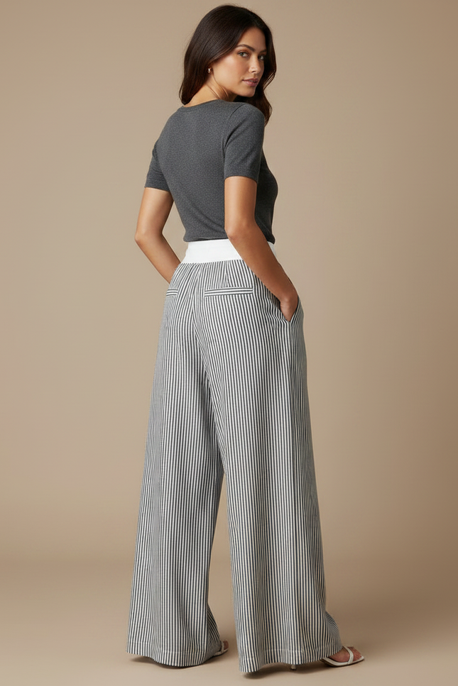 Pantalon Fluide Rayé Large Cordon Décontracté Femme - Imprimé Lin - vue 2