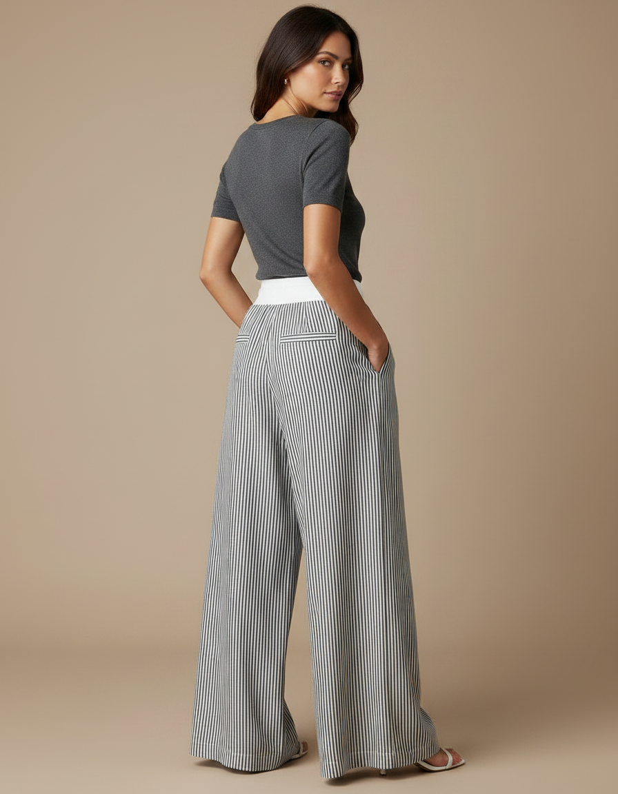 Pantalon Fluide Rayé Large Cordon Décontracté Femme - Imprimé Lin - vue 2