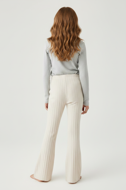 Pantalon Fluide Écru Côtelé Évasé Confortable Fille - Beige Maille - vue 2