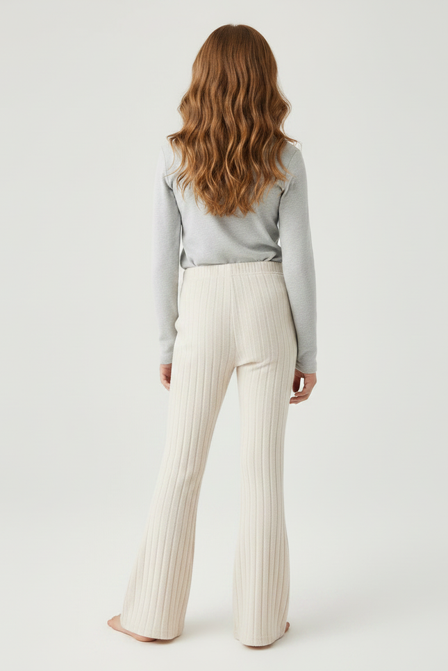 Pantalon Fluide Écru Côtelé Évasé Confortable Fille - Beige Maille - vue 2