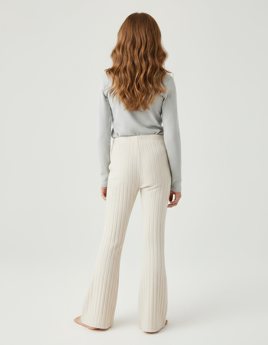 Pantalon Fluide Écru Côtelé Évasé Confortable Fille - Beige Maille - vue 2
