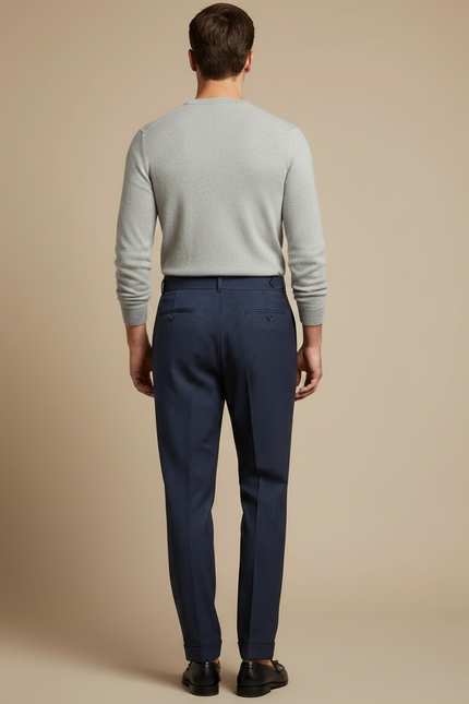 Pantalon Fluide Bleu Marine Rayé Cintré Élégant Homme - Gabardine - vue 2