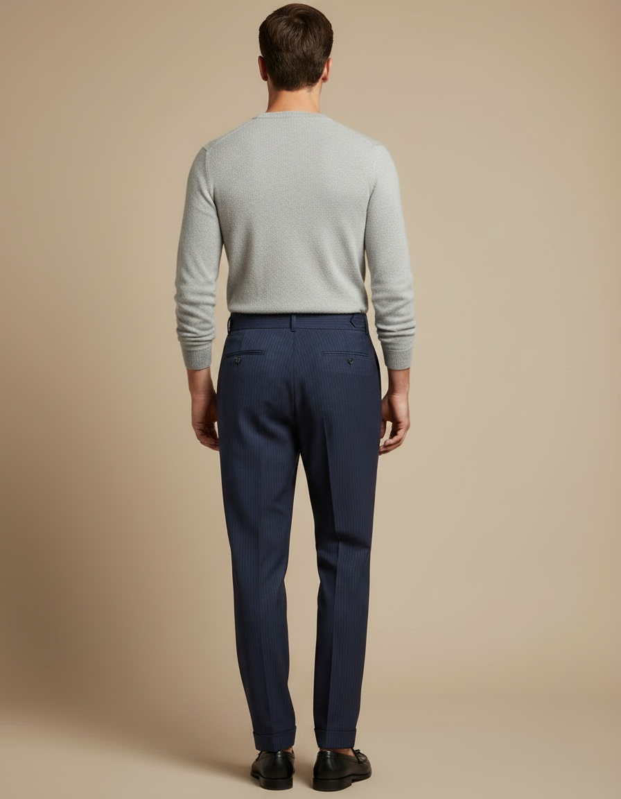Pantalon Fluide Bleu Marine Rayé Cintré Élégant Homme - Gabardine - vue 2
