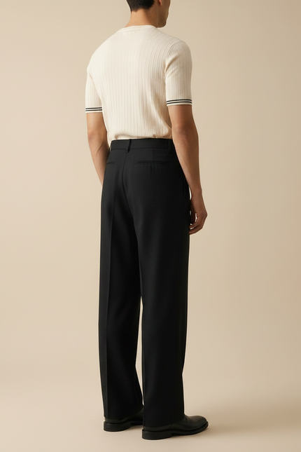 Pantalon Fluide Noir Ample Plissé Ceinture Habillé Homme - Laine - vue 2