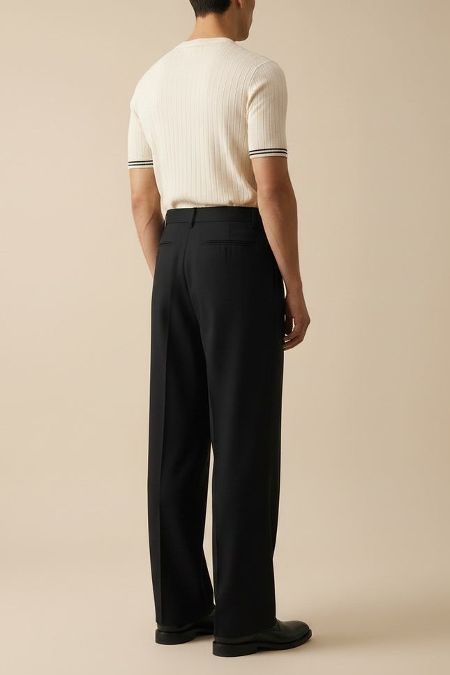 Pantalon Fluide Noir Ample Plissé Ceinture Habillé Homme - Laine - vue 2