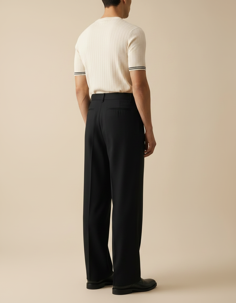 Pantalon Fluide Noir Ample Plissé Ceinture Habillé Homme - Laine - vue 2