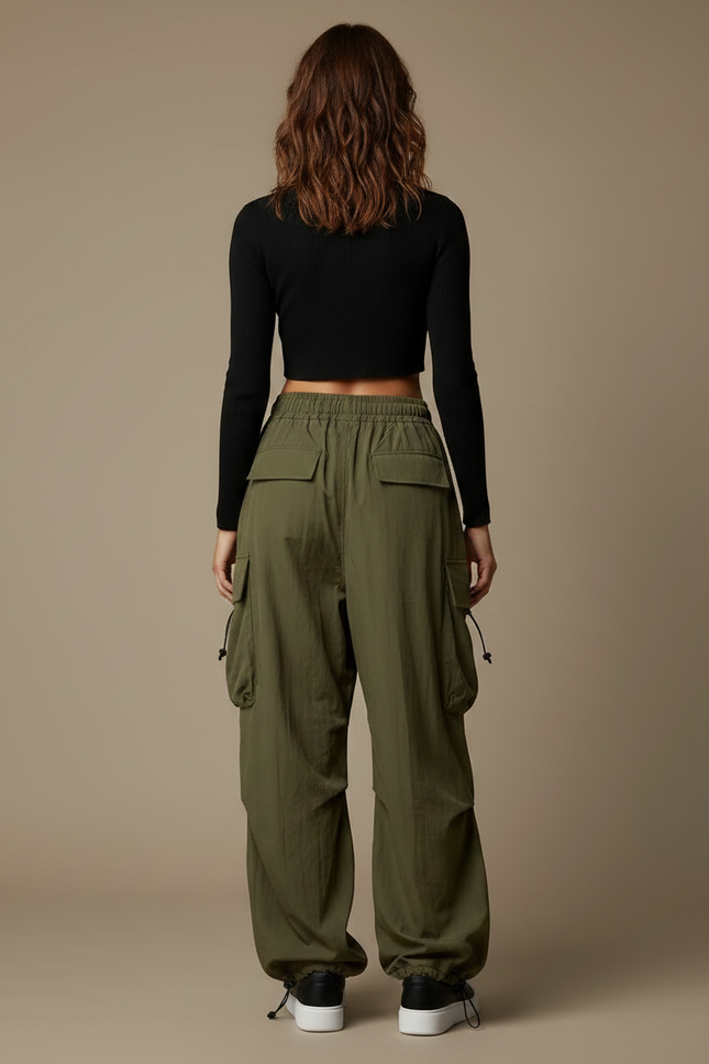 Pantalon Fluide Cargo Vert Ample Décontracté Streetwear - Kaki Polyester - vue 2