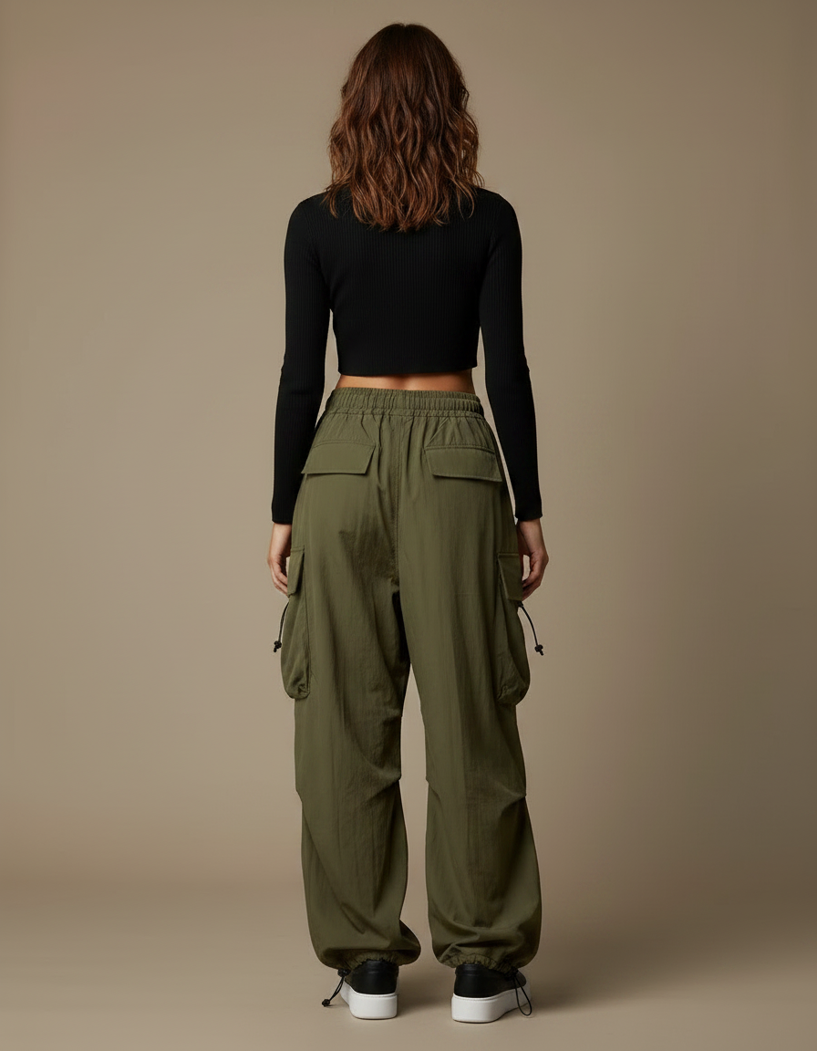 Pantalon Fluide Cargo Vert Ample Décontracté Streetwear - Kaki Polyester - vue 2