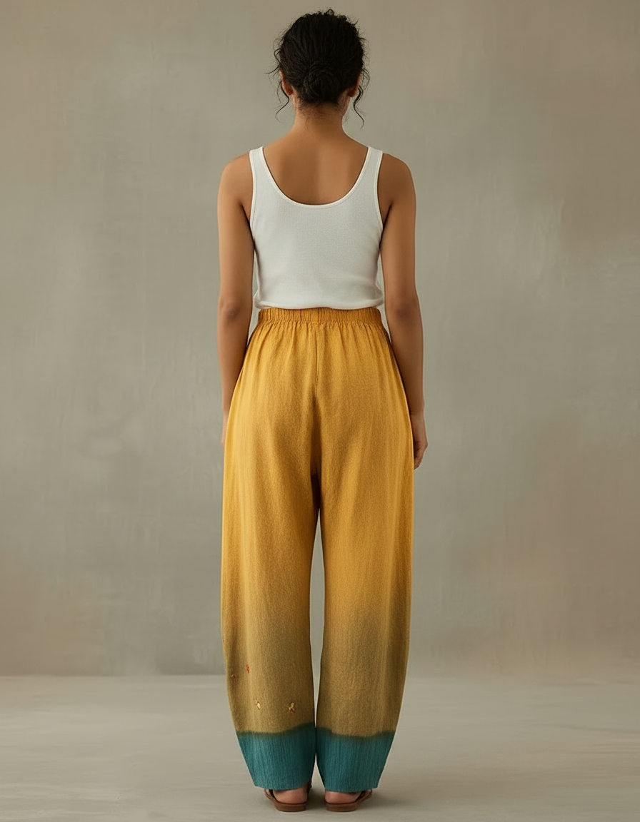 Pantalon Fluide Jaune Ample Imprimé Animaux Décontracté - Lin - vue 2