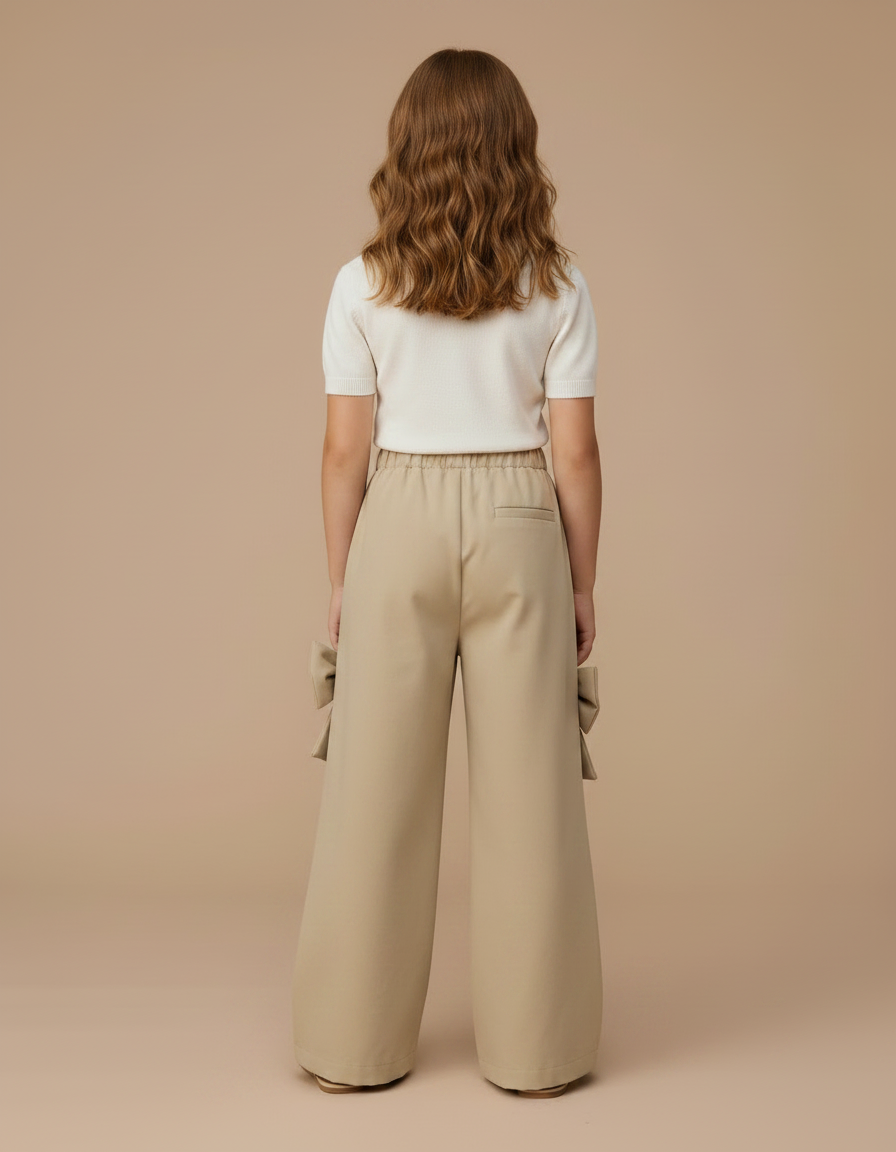 Pantalon Fluide Beige Large Nœuds Décoratifs Fille - Polyester - vue 2
