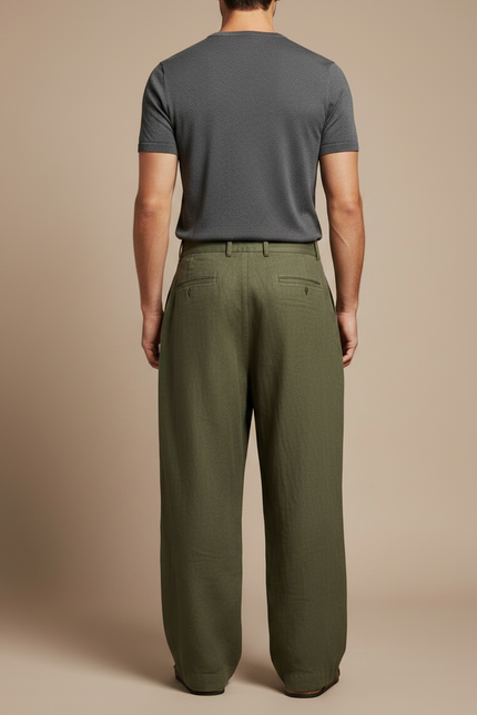 Pantalon Fluide Kaki Ample Plissé Lin Homme - vue 2