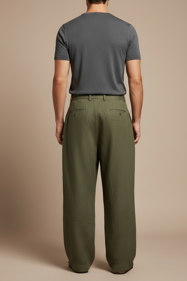Pantalon Fluide Kaki Ample Plissé Lin Homme - vue 2