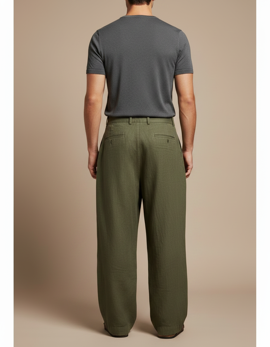 Pantalon Fluide Kaki Ample Plissé Lin Homme - vue 2