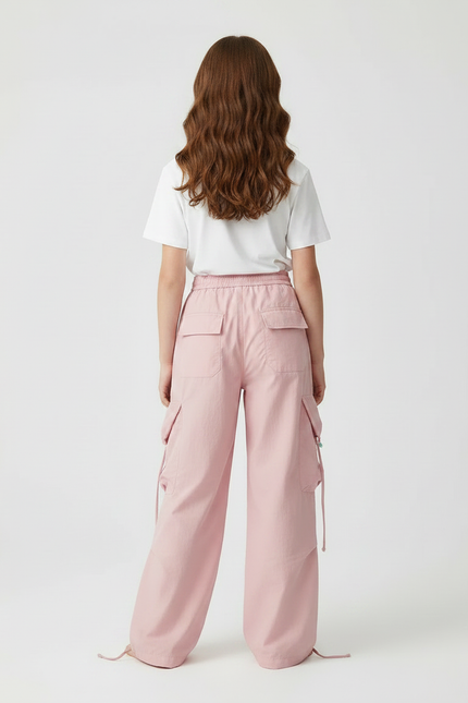 Pantalon Fluide Rose Cargo Brodé Ample Fille - Coton - vue 2