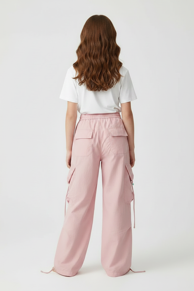 Pantalon Fluide Rose Cargo Brodé Ample Fille - Coton - vue 2
