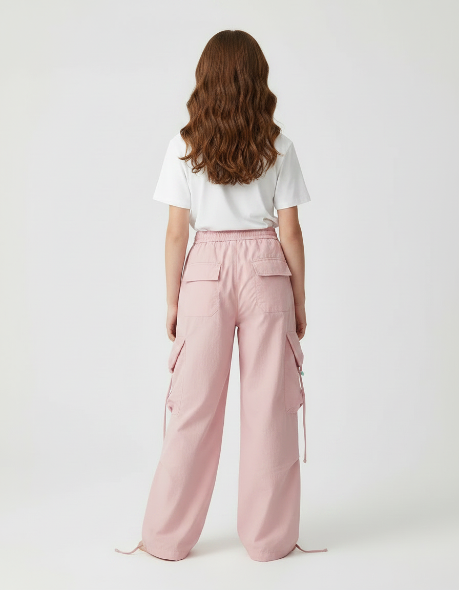 Pantalon Fluide Rose Cargo Brodé Ample Fille - Coton - vue 2