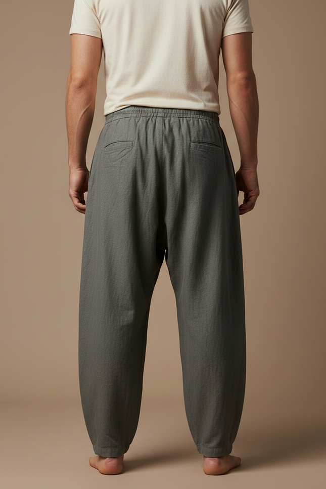 Pantalon Fluide Gris Ample Cordon Motif Viking Homme - Lin - vue 2