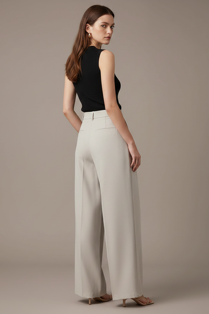 Pantalon Femme Fluide Taille Haute - Beige Polyester - vue 2