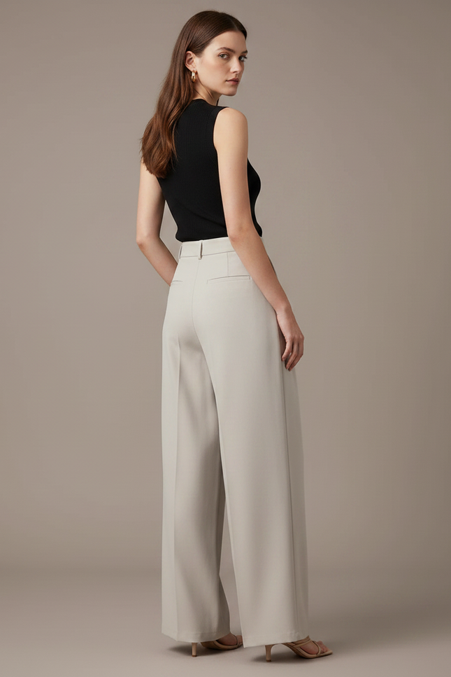 Pantalon Femme Fluide Taille Haute - Beige Polyester - vue 2