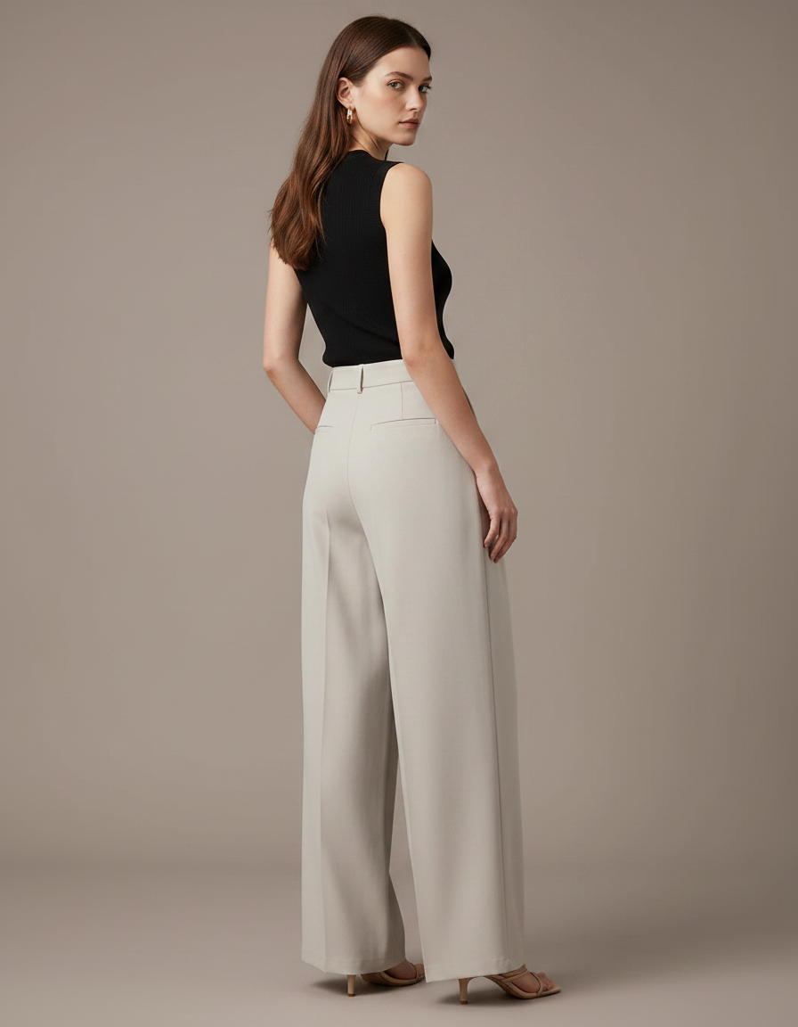Pantalon Femme Fluide Taille Haute - Beige Polyester - vue 2