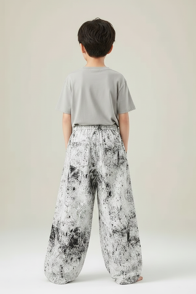Pantalon Fluide Ample Noir Blanc Éclaboussures Décontracté - Imprimé Molleton - vue 2