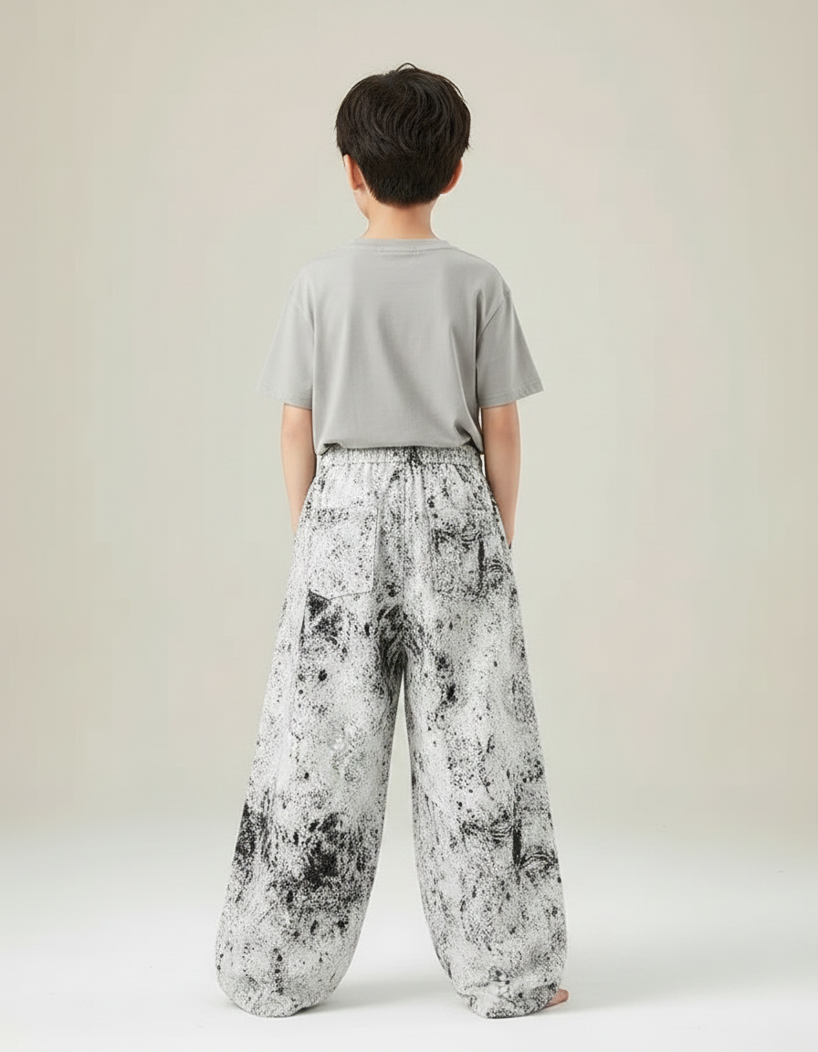 Pantalon Fluide Ample Noir Blanc Éclaboussures Décontracté - Imprimé Molleton - vue 2