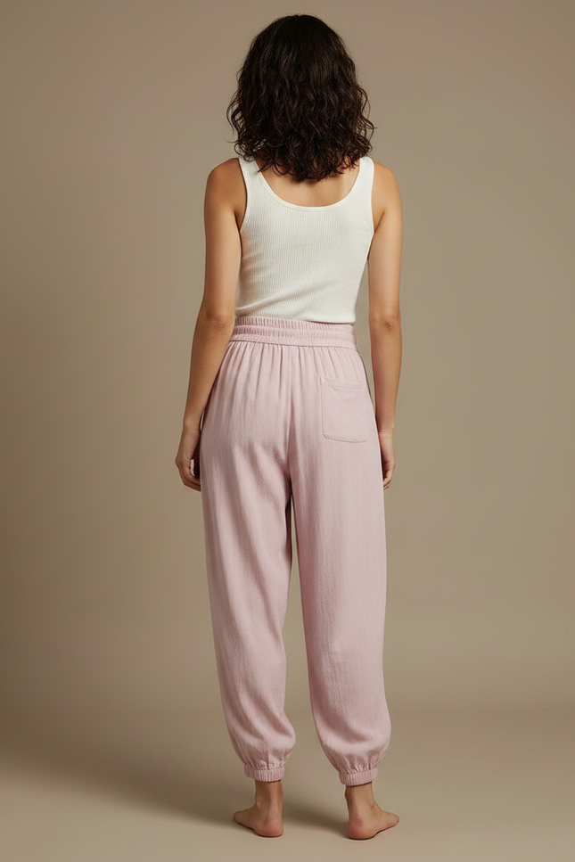 Pantalon Fluide Rose Ample Cordon Cheville Décontracté - Lin - vue 2