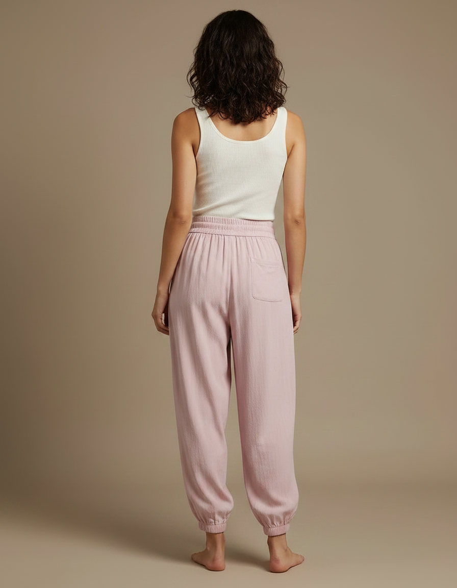 Pantalon Fluide Rose Ample Cordon Cheville Décontracté - Lin - vue 2