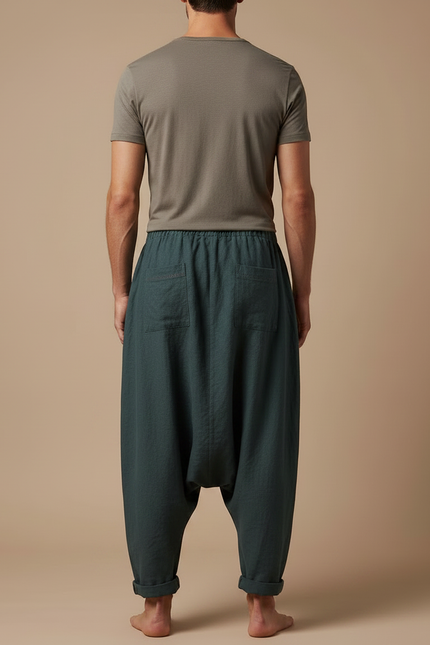 Pantalon Fluide Lin Ample Sarouel Vert Homme - vue 2