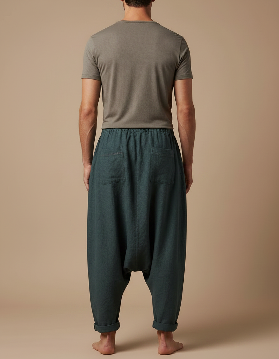 Pantalon Fluide Lin Ample Sarouel Vert Homme - vue 2