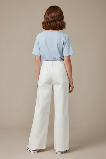 Pantalon Fluide Blanc Ample Taille Haute Casual Fille - Toile - vue 2