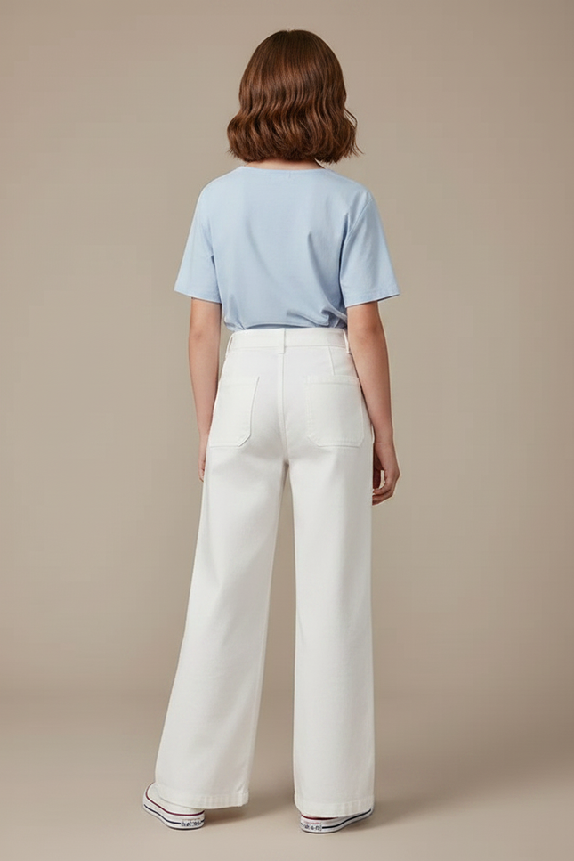 Pantalon Fluide Blanc Ample Taille Haute Casual Fille - Toile - vue 2