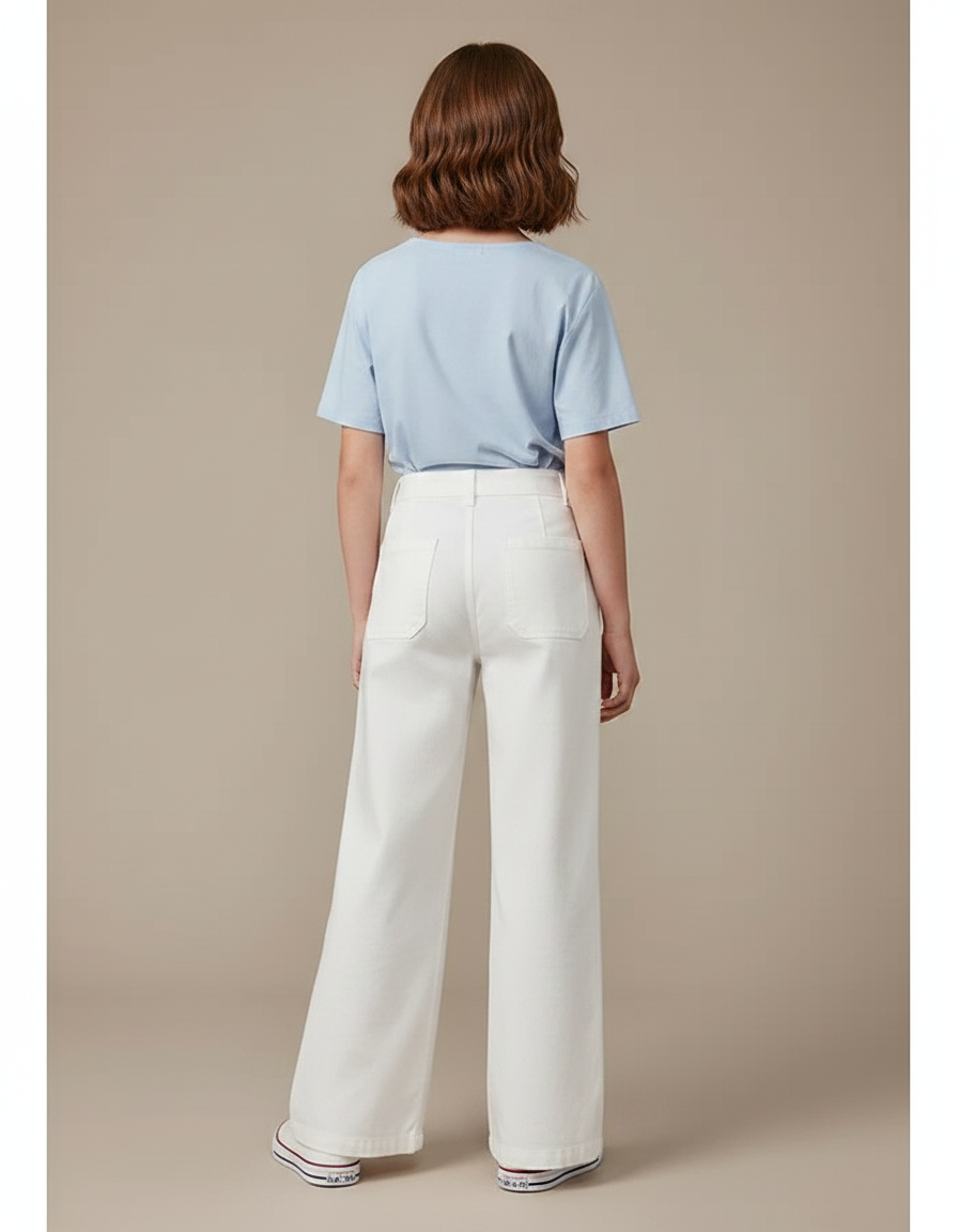 Pantalon Fluide Blanc Ample Taille Haute Casual Fille - Toile - vue 2
