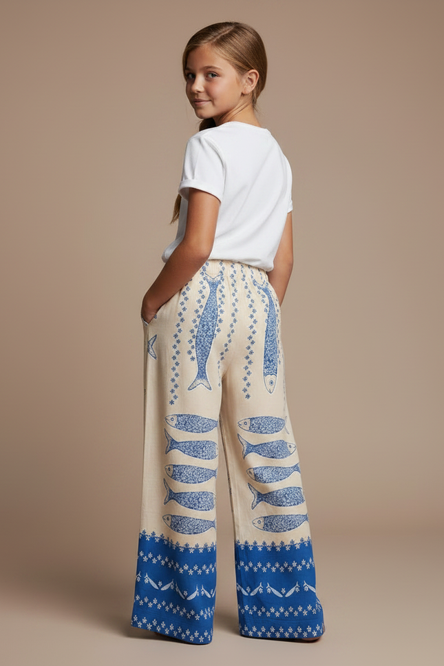 Pantalon Fluide Beige Imprimé Poissons Bleus Ample Décontracté - Lin - vue 2