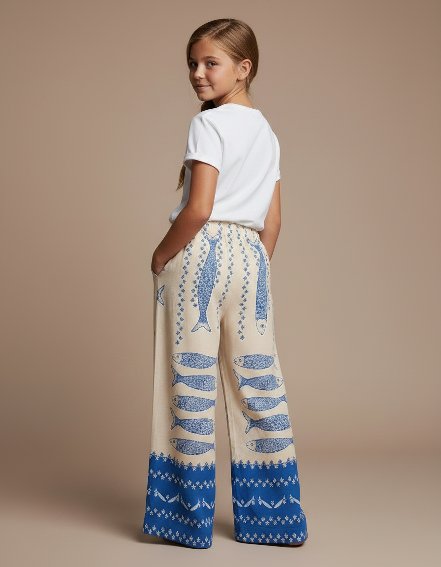 Pantalon Fluide Beige Imprimé Poissons Bleus Ample Décontracté - Lin - vue 2