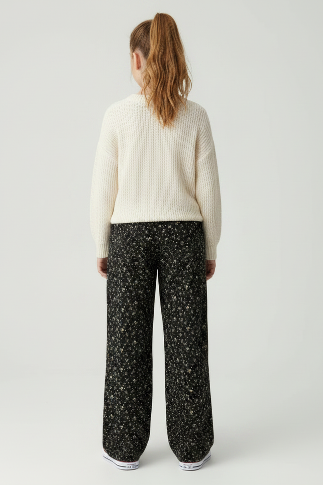 Pantalon Fluide Noir Floral Ample Décontracté Fille - Viscose - vue 2
