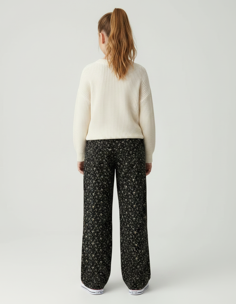 Pantalon Fluide Noir Floral Ample Décontracté Fille - Viscose - vue 2