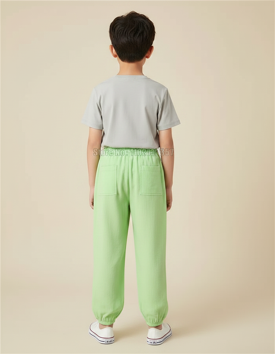 Pantalon Fluide Vert Ample Coton Enfants Décontracté - Lin - vue 2