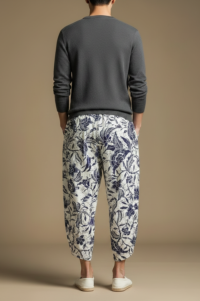 Pantalon Fluide Blanc Imprimé Floral Harem Coton - Lin - vue 2
