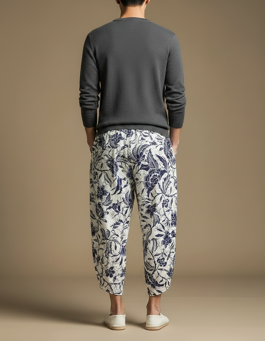 Pantalon Fluide Blanc Imprimé Floral Harem Coton - Lin - vue 2